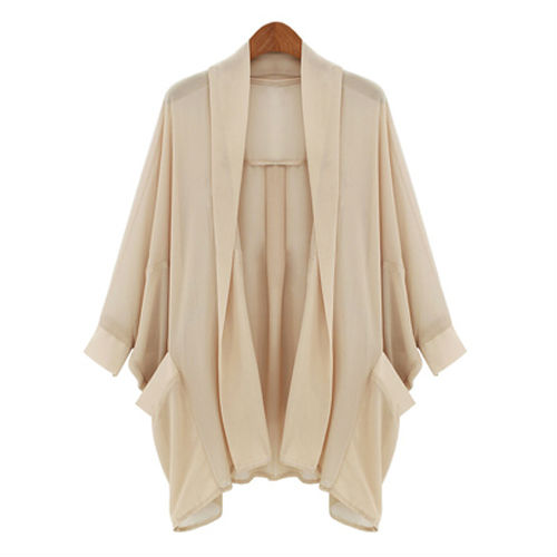 FREE SHIPPING CHIC CARGO CARDIGAN CHIFFON LONG SLEEVE SHIRT BEIGE F WF-0169