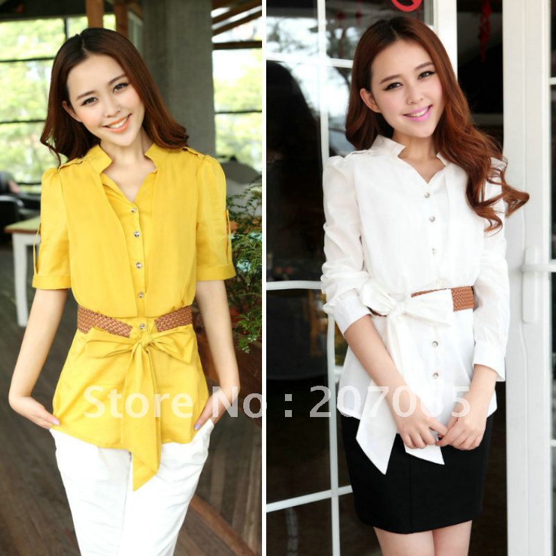 Free shipping chiffon patchwork V-neck women's long-sleeve women blouses,vintage short-sleeve shirt  (with belt) size M,L