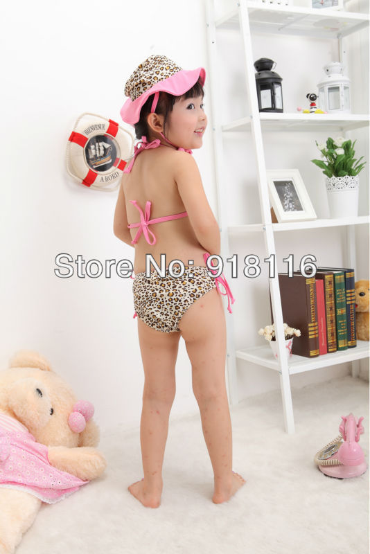 Free Shipping Child Girl Swimwear Leopard Three-piece Swimsuits Dress with the Swimming Cap Floral HOT Sale Baby Bikini (2915)