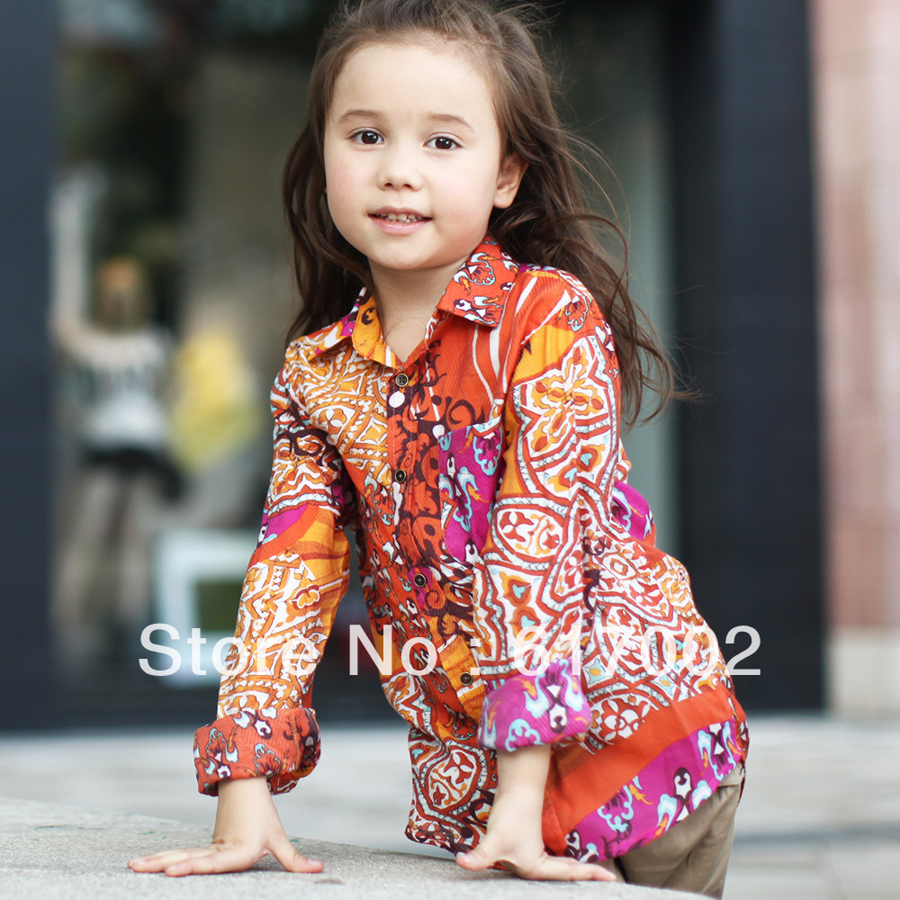 Free shipping Child girls clothing shirt spring and autumn bright color long-sleeve cotton national trend bohemia crushed top
