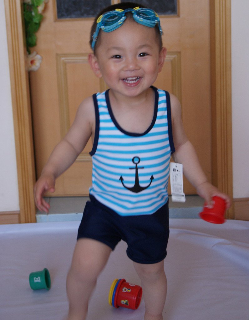 free shipping Child swimwear small navy style swimsuit baby one-piece swimsuit belt swimming cap