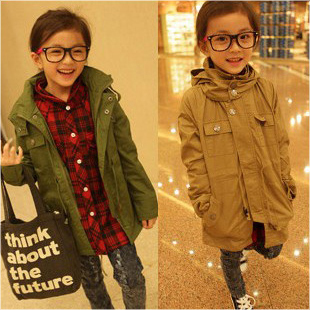 free shipping Child trench spring and autumn girls clothing casual male military hooded zipper outerwear