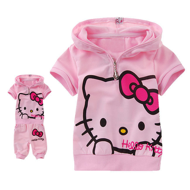 Free Shipping Children Cartoon Hello Kitty Sports Clothes Sets Summer Sweatshirts Set For Kids Hoodies+Pants White/Pink JK-021
