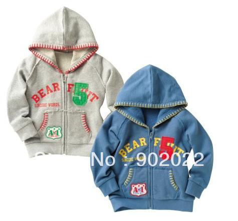 Free Shipping Children kids boys hooded collar with  emberoidery terry fabric zippered coat