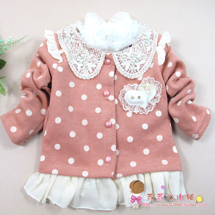 Free shipping Children's clothing 2013 spring female child baby polka dot cardigan lace princess long-sleeve outerwear