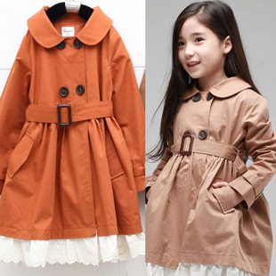 Free Shipping, Children's clothing female child belt liner peter pan collar child overcoat trench 0128-f02