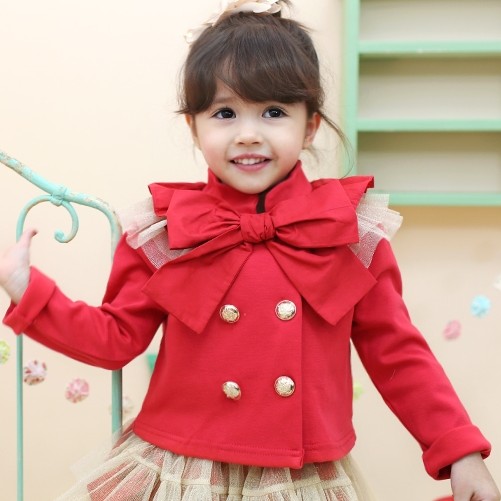 Free shipping Children's clothing peach2013 spring solid color lace outerwear big bow trench 0124