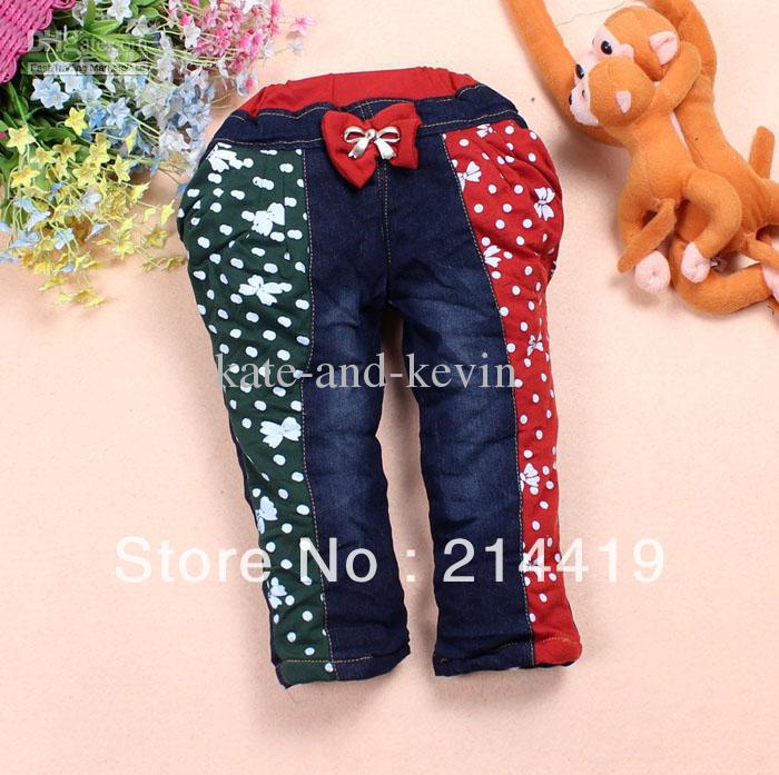 Free shipping children's jeans girls jeans winter pant Pants edge little bowknot