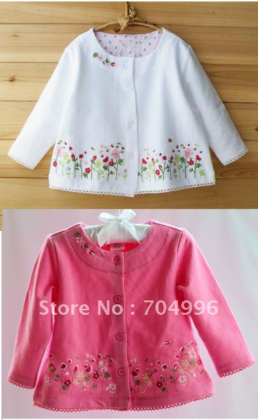 Free Shipping- Children's knit cardigan, girls' top,children outwear w embroidered flower, thin coat, white, rose(MOQ: 1pc)