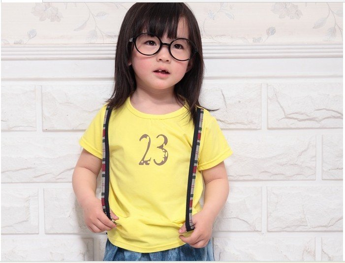Free shipping Children's short sleeve and printing two straps mo dyer fashionable child T short sleeve new 5 color