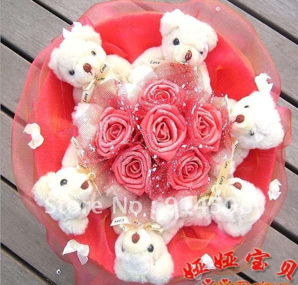 Free shipping Christmas gift artificial bouquet 6 Cute joint bears 6 golden pink rose cartoon bouquet dried flowers X647