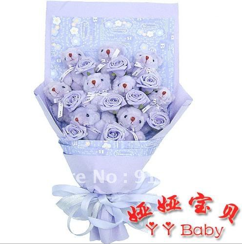 Free shipping Christmas gift artificial bouquet 9 tactic bears 9 Golden Rose of cartoon bouquet dried flowers X655