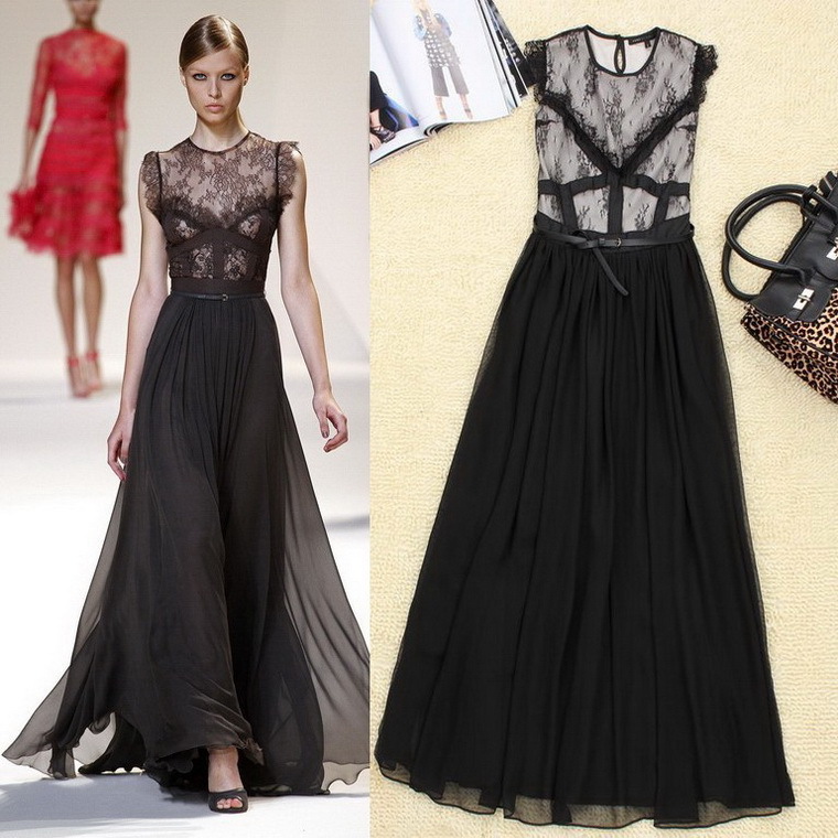 Free Shipping Christmas gifts New Arrival Elegant  Sleeveless Lace+Silk  Maxi  Dress 121128XB01