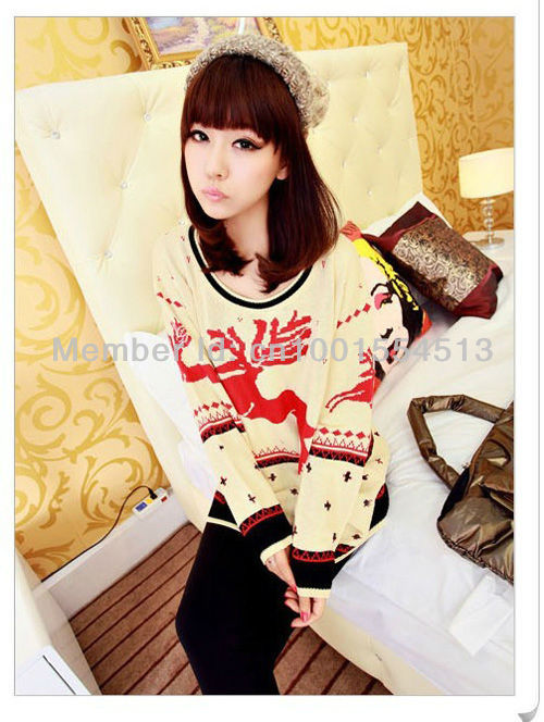 Free Shipping Christmas Snow Fell Eik Pattern Long Sleeve Crew Neck Jumpers Beige WF-0004