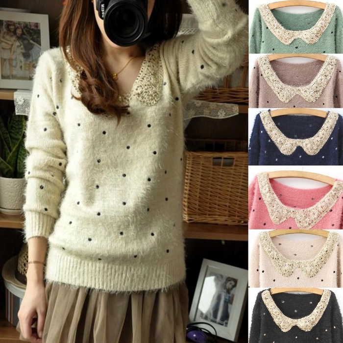 Free shipping Christmas Xmas bling paillette collar Pullover mohair dot polka  long sleeve sweater with sequins