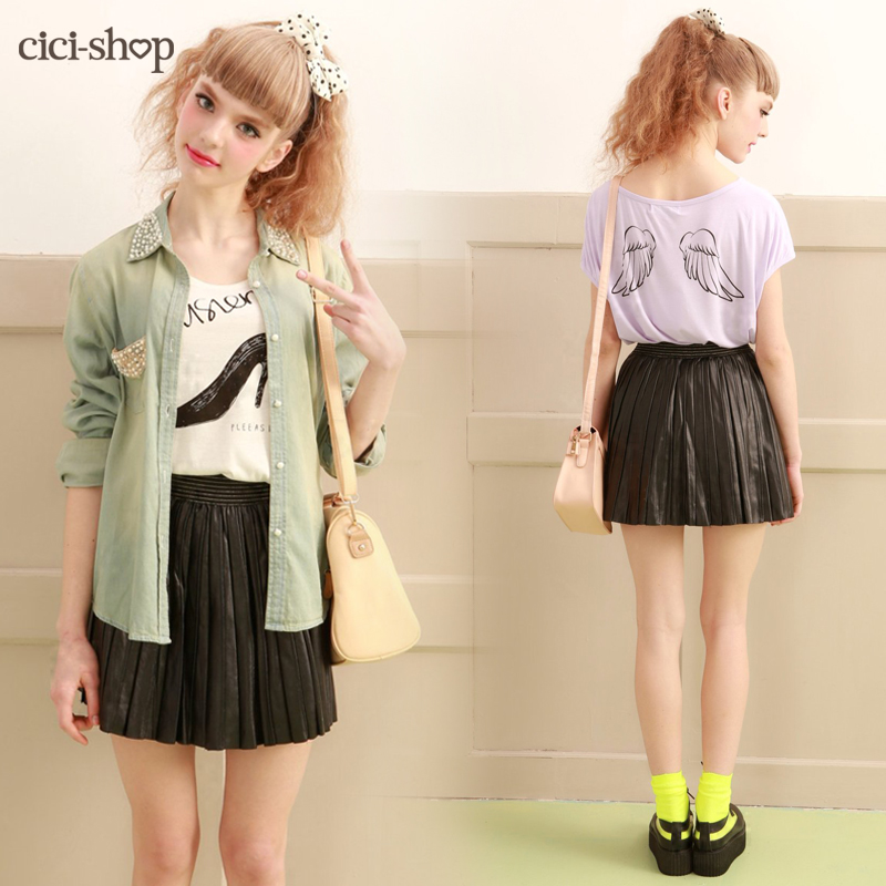 Free Shipping Cici-shop spring sweet faux leather patchwork high waist a-line skirt short skirt 2202
