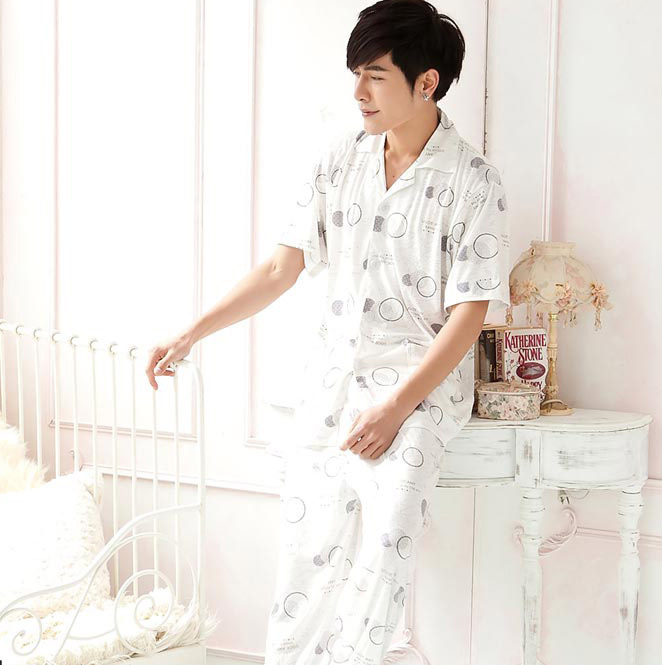 free shipping Circle pattern quality male lounge twinset comfortable short-sleeve summer 100% cotton sleepwear dropshipping