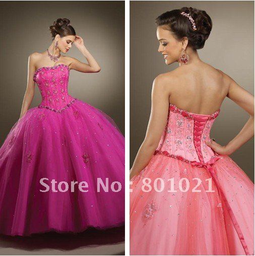 Free Shipping Classic Ballgown Appliques Bodice Satin Tulle Skirt Long Strapless Quinceanera Dresses