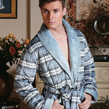 Free Shipping Classic check male sleepwear thickening coral fleece cotton-padded lounge robe 65064