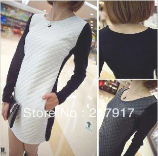 FREE SHIPPING classical patchwork leather dress ladies fashion knitted dress faux mini leather gridding dress white/black