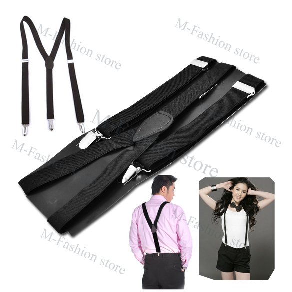 Free Shipping Clip-on Adjustable Unisex Pants Y-back Suspender Braces Black Elastic1460