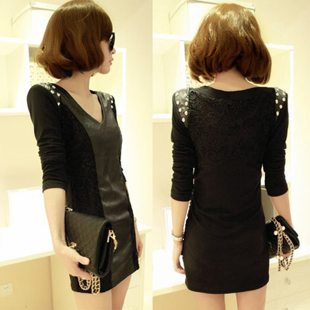 free shipping Clothing 2013 spring slim sexy slim hip leather dress basic lace dress