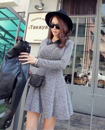 free shipping clothing leather collar slim waist a expansion bottom basic one-piece dress basic skirt 012 grey colour