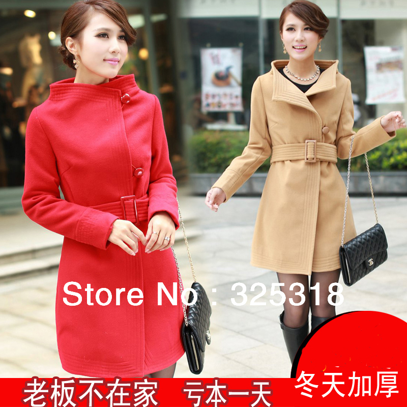 Free shipping coat women winter or autumn 2013 wool overcoat fashion long lady blends Windbreaker red black white trench coat
