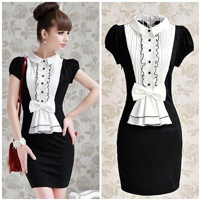 Free shipping color patchwork bow pleated vintage shirt turn down collar ladies sheath mini working sexy dress new fashion 2013
