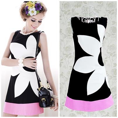 Free shipping color patchwork flower print sleeveless ladies knee-length slim A-line vintage dress new fashion 2013