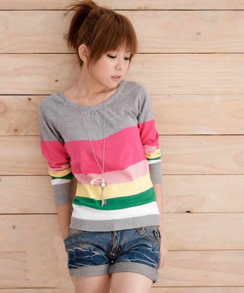 Free shipping color striped v- neck  full sleeve   knitwear casual women knitted sweater coat dress pullovers new fashion 2012