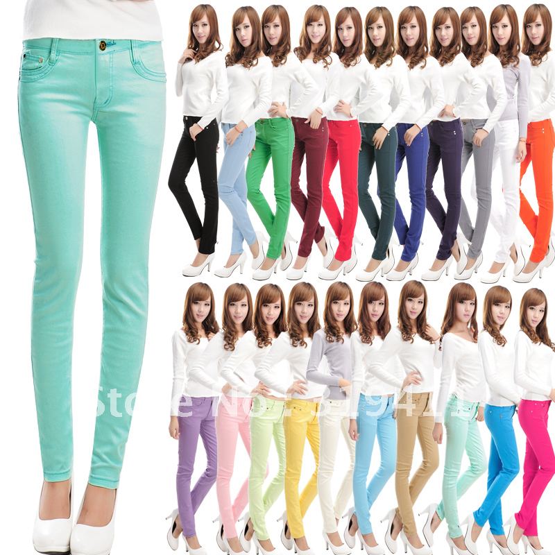 Free shipping, Colored pencil pants candy pants jeans female skinny pants plus size elastic casual long trousers