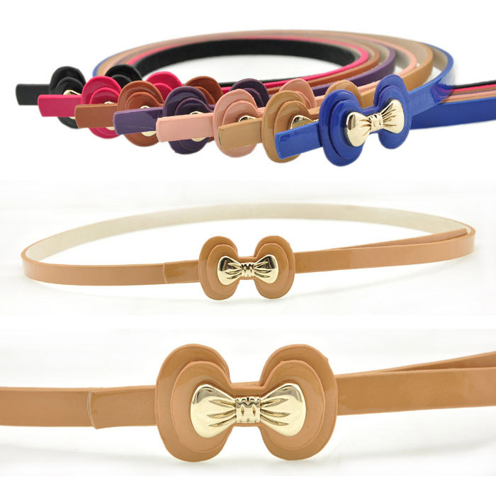 free shipping Coral fashion pigskin japanned leather candy color bow buckle thin belt women's