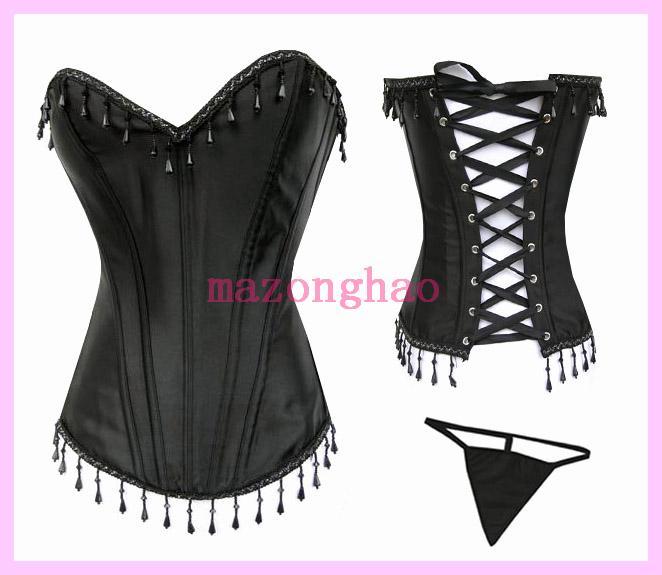 Free Shipping Corset black chain beads goths shapewear basic corset royal body shaping vest tiebelt