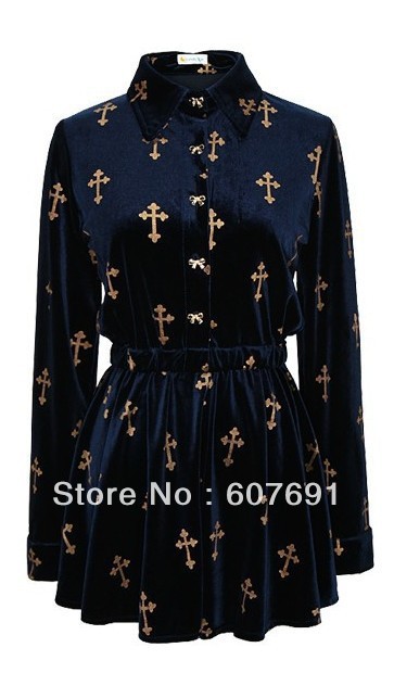 Free shipping corss dress Retro fashion cross velvet long waist dress notu