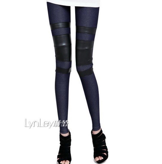 Free shipping Cotton Blue Imitation Denim PU Leather Stitching Leggings