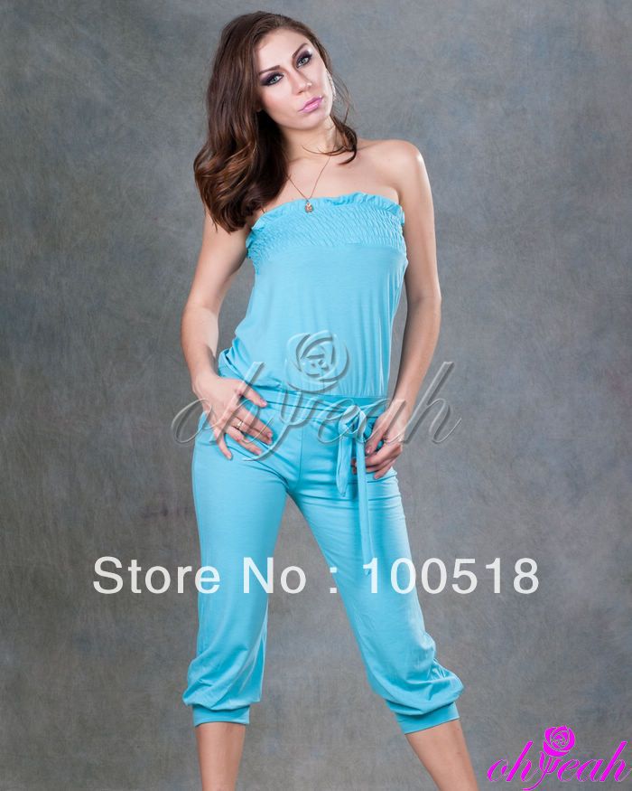Free Shipping--cotton breathable Off-shoulder fashion lady blue jumpsuits high quality rompers R73273
