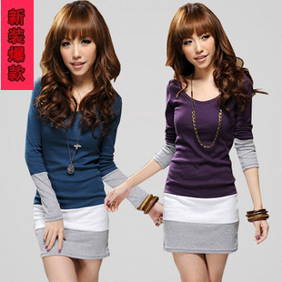 Free shipping cotton spring and autumn long sleeve stripe  patchwork slim women T-Shirts  Mini Dress