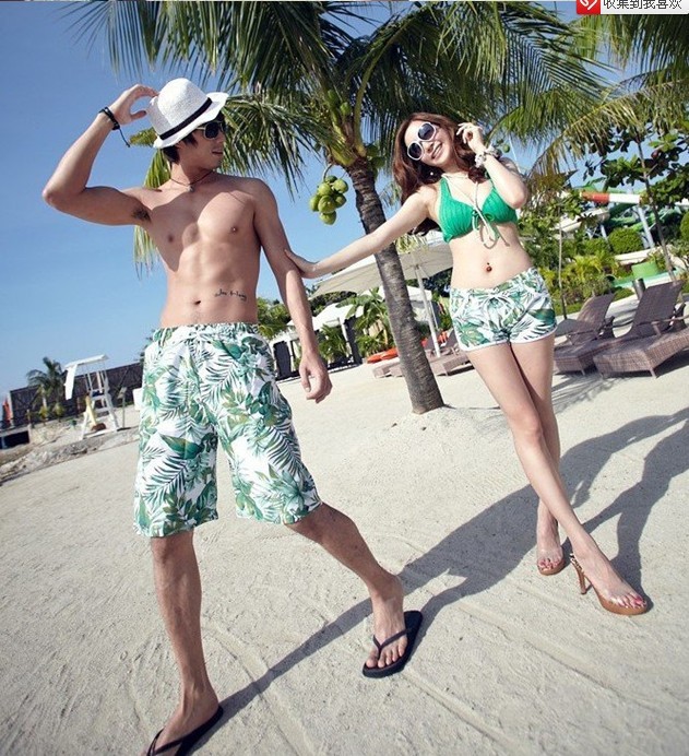Free Shipping couple beach pants/ladies,men shorts of beach style pants/the price of two green leaf in stock