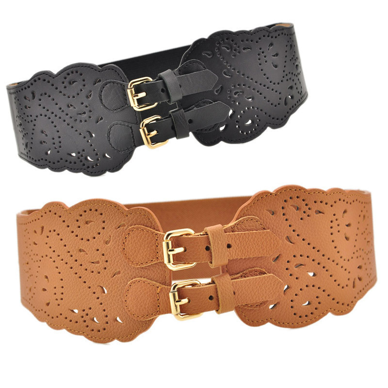 Free Shipping Cowhide genuine leather vintage saddle cummerbund cutout cummerbund breasted elastic women's wide belt black brown