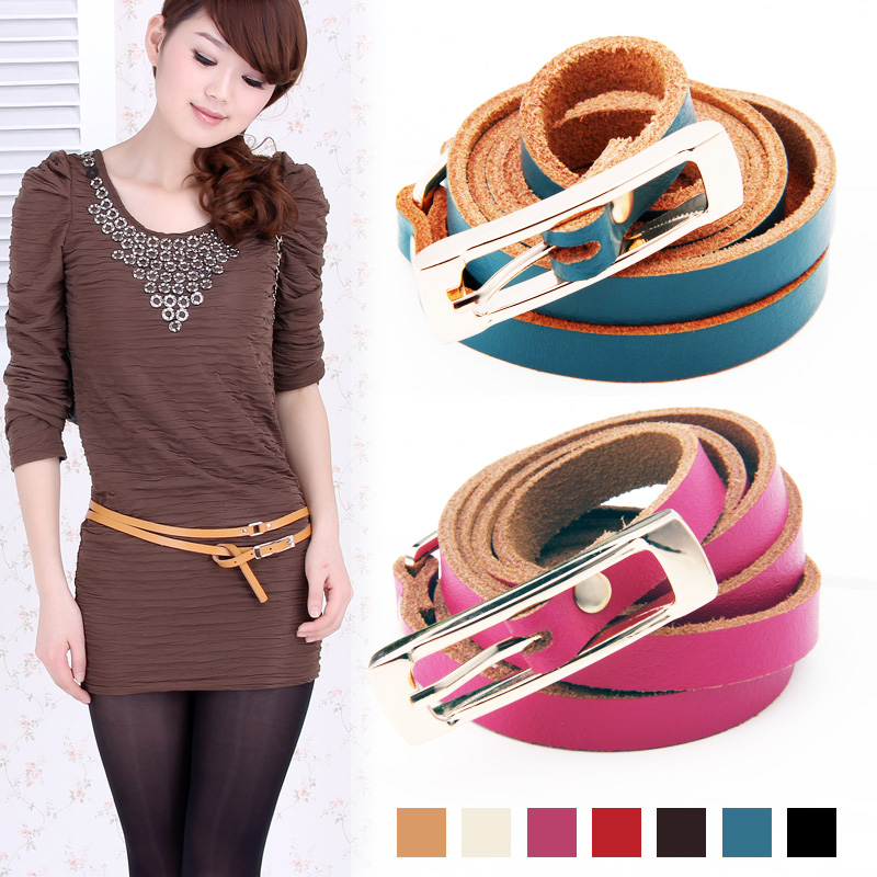 Free shipping, cowhide thin belt,genuine leather strap,with clasp. Double circle use.Fit to waist under 34(90cm),punch free.