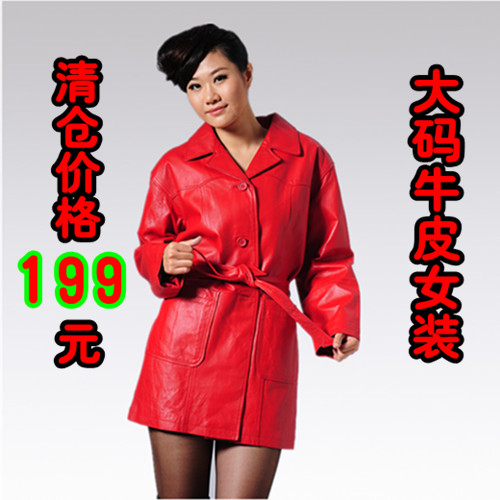 Free shipping! Cowhide women's genuine leather clothing red medium-long women's trench casual overcoat outerwear