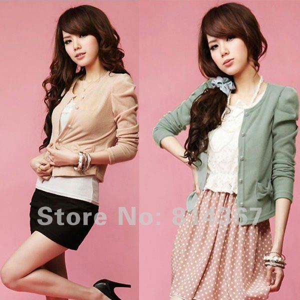Free Shipping Crew Neck Long Sleeve Short Style Cardigan Top With Bow WF-0126
