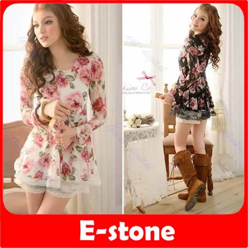 Free Shipping crew neck rose pattern lace long tops Blouses Mini Dress two color to choose