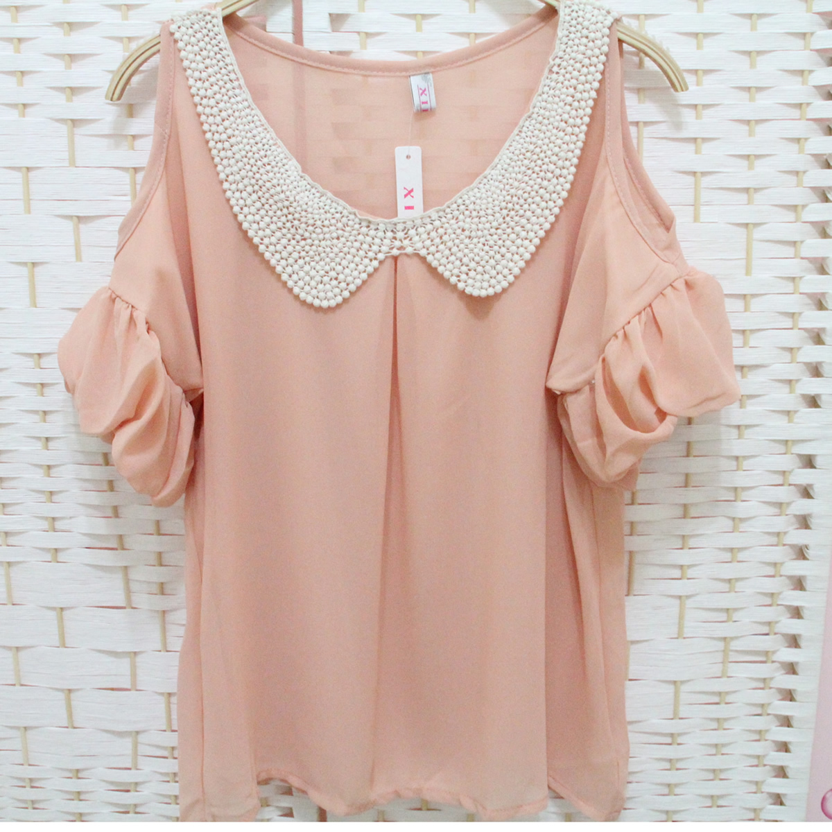 free shipping Crochet knitted peter pan collar strapless princess sleeve chiffon shirt short-sleeve T-shirt chiffon top