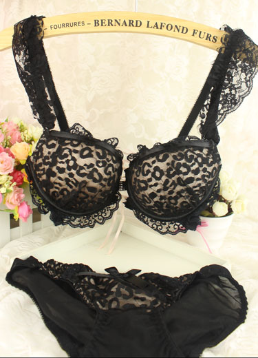 free shipping Cross behind front button leopard print lace women's bra push up bra underwear set