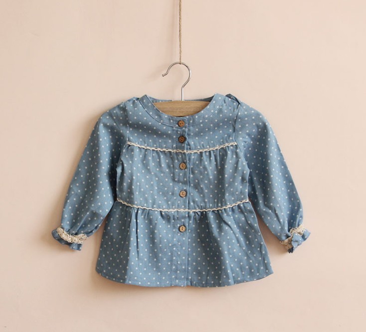 free shipping CS3007  girls children dot lace denim blouses  6pcs/lot  2colors