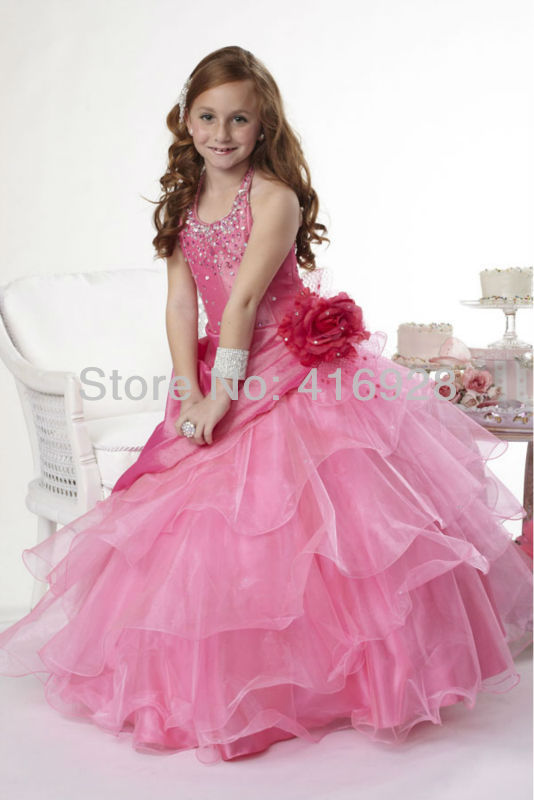 Free Shipping Custom 2013 New Arrival Halter Pink Organza/Taffeta Flower Girl Dresses Ball Gown Little Girl