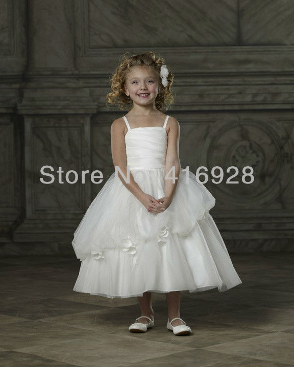 Free Shipping Custom 2013 New Arrival Spaghetti Straps White Organza Flower Girl Dresses Ball Gown Little Girl