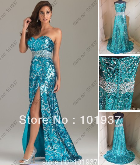 Free Shipping Custom Cheap New Blue Sweetheart Beading Sash Sequin Long Couture Evening Dresses 2013